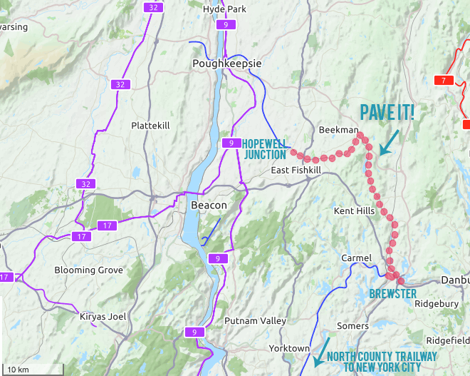 Map showing possible route of Empire State Trail through Dutchess and Putnam Counties in New York State. Trail is a red dotted line.